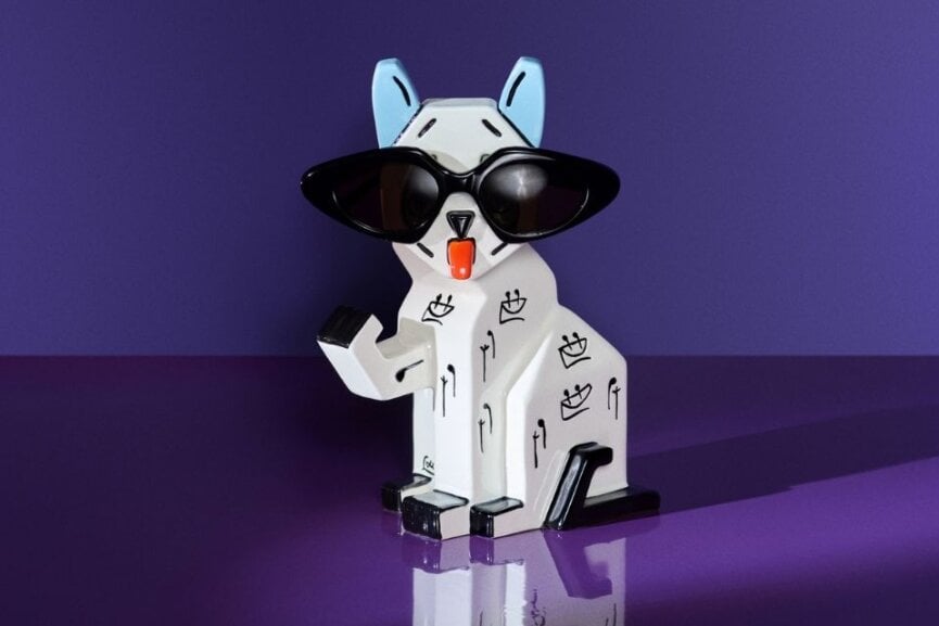 Louis Wain Cat with glasses on on purple background